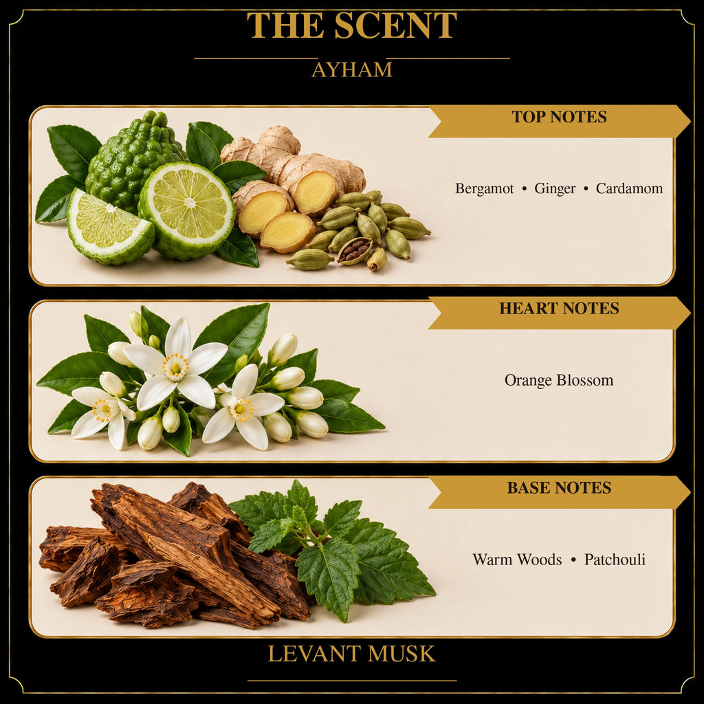 AYHAM scent notes: top—bergamot, ginger and cardamom; heart—orange blossom; base—warm woods and patchouli.