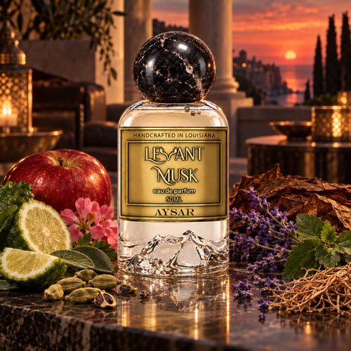 AYSAR by Levant Musk perfume with apple, citrus, cardamom, lavender and tobacco leaves on a terrace at sunset.