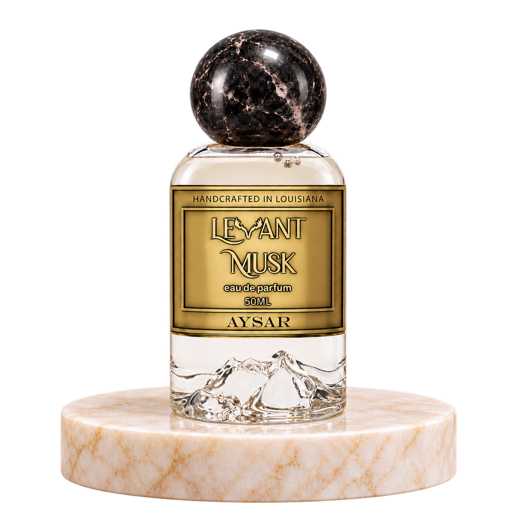 AYSAR by Levant Musk, 50 mL eau de parfum with a black marble spherical cap on a round marble pedestal.