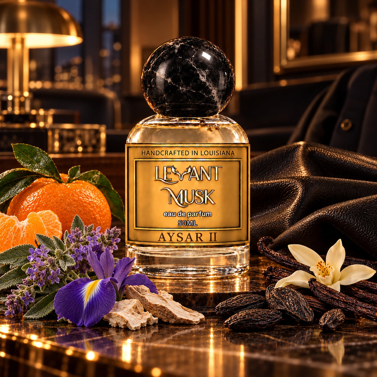 AYSAR II by Levant Musk in a warm lounge setting with mandarin, sage, iris, tonka beans, vanilla and leather scent illustrations.