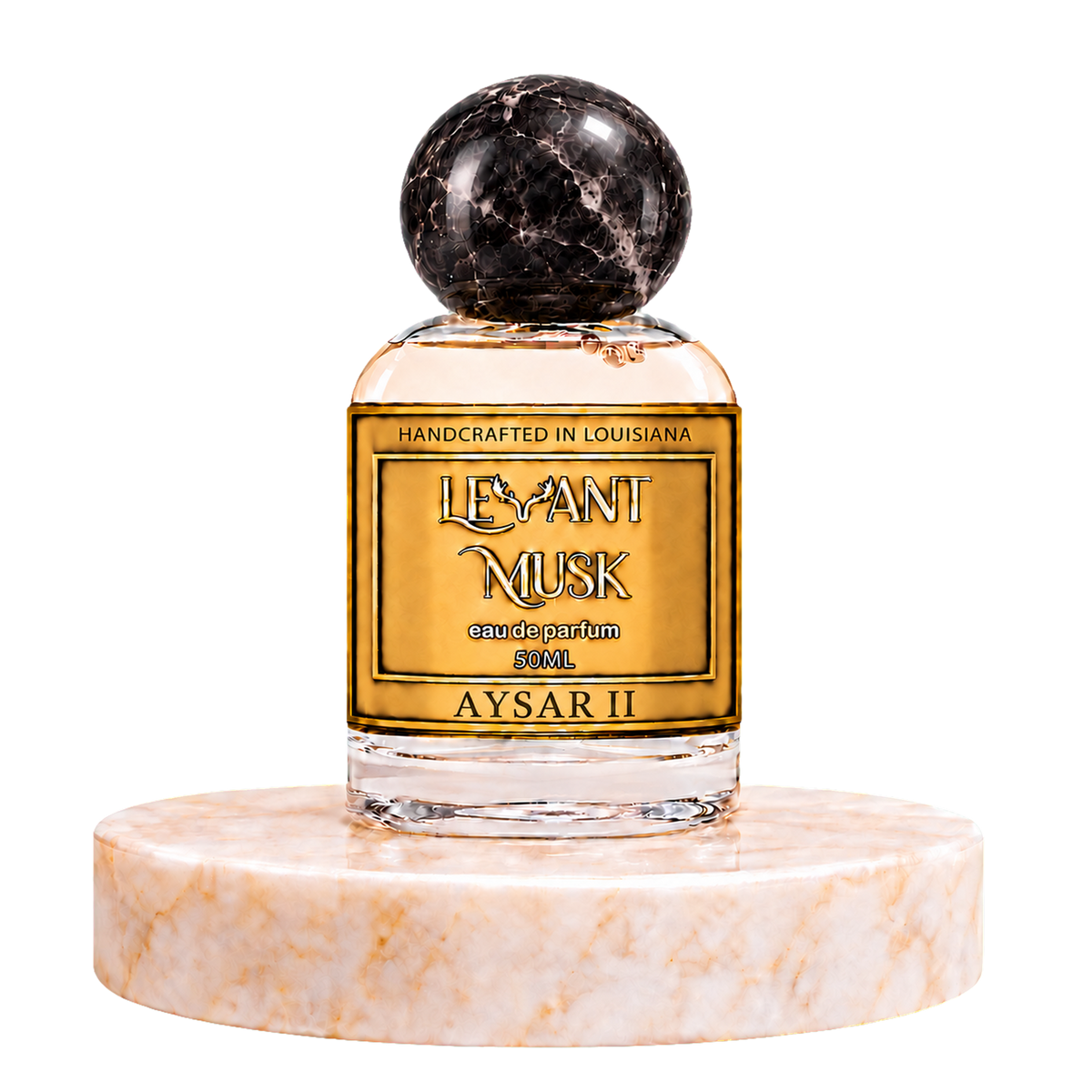 AYSAR II 50 mL eau de parfum by Levant Musk with a black marble-patterned round cap on a marble pedestal.