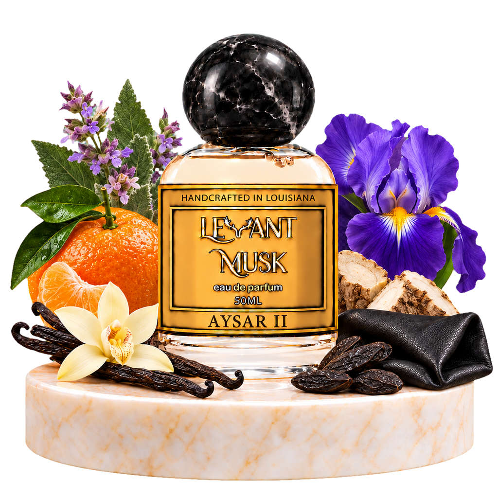AYSAR II by Levant Musk on marble with mandarin, clary sage, iris, tonka beans, vanilla and black leather scent illustrations.