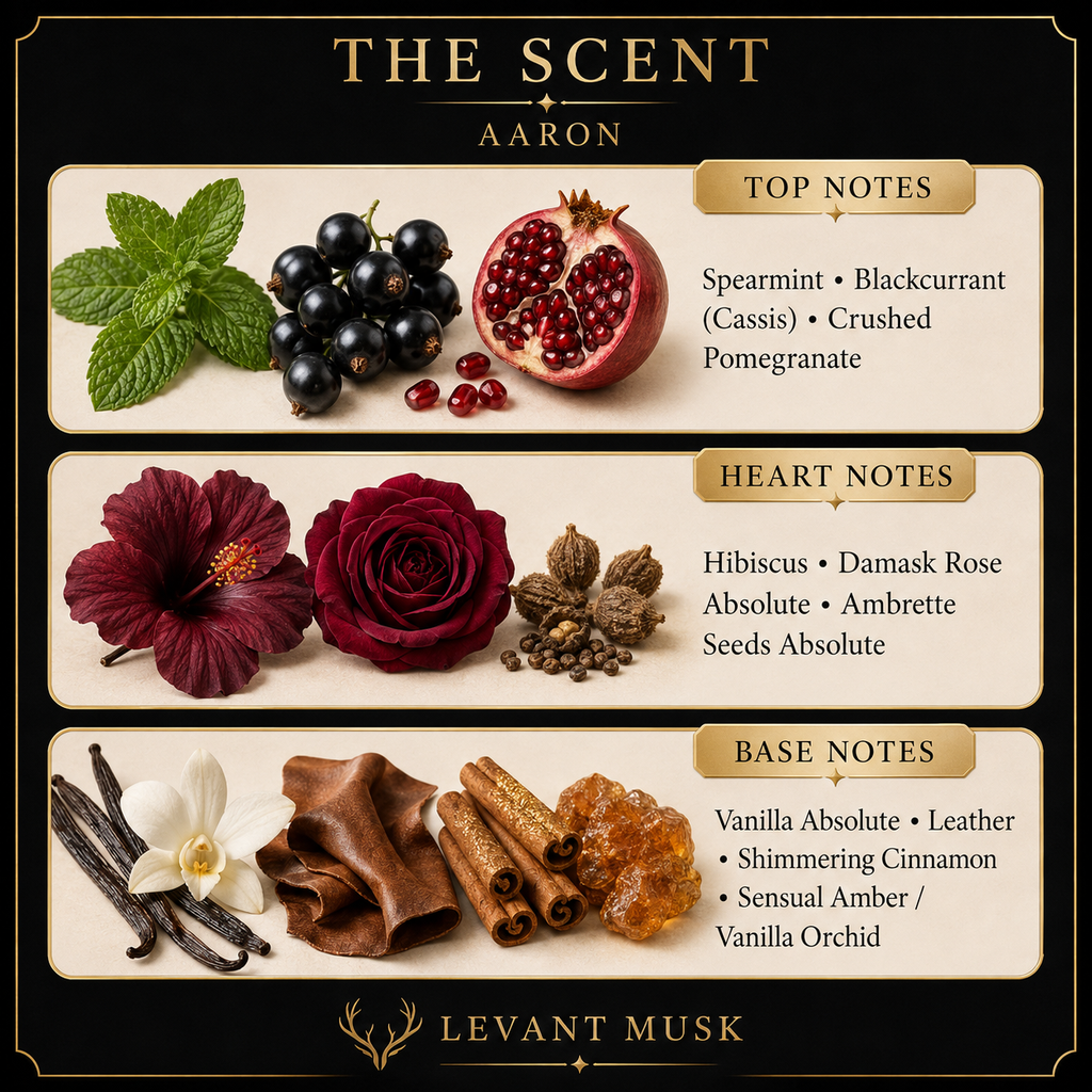 A branded scent profile graphic for eau de parfum Aaron, by 'Levant Musk.' The design shows three horizontal sections with food and flower imagery and text for top notes, heart notes, and base notes on a black background with gold borders.