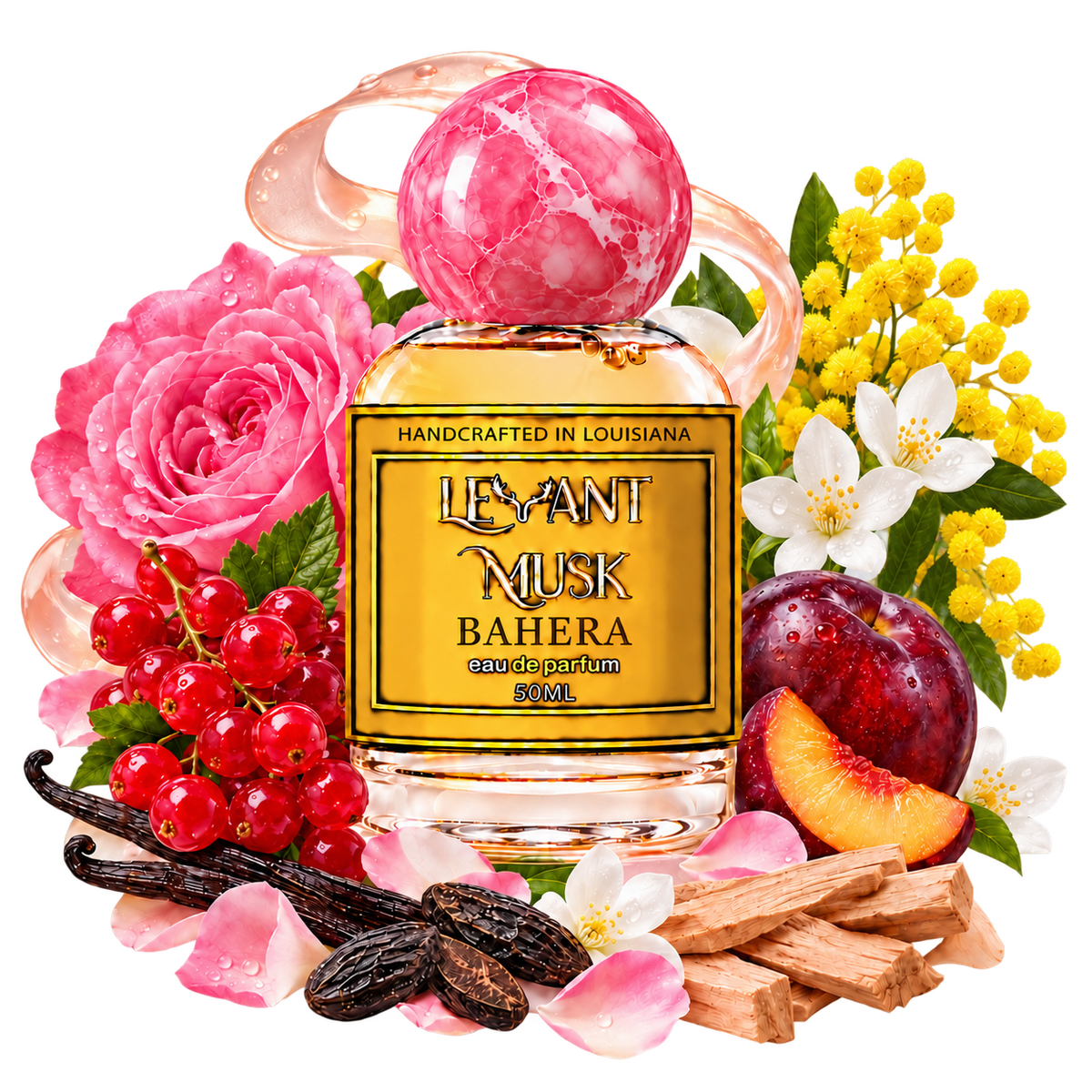BAHERA by Levant Musk perfume bottle with ingredient props on a transparent background.