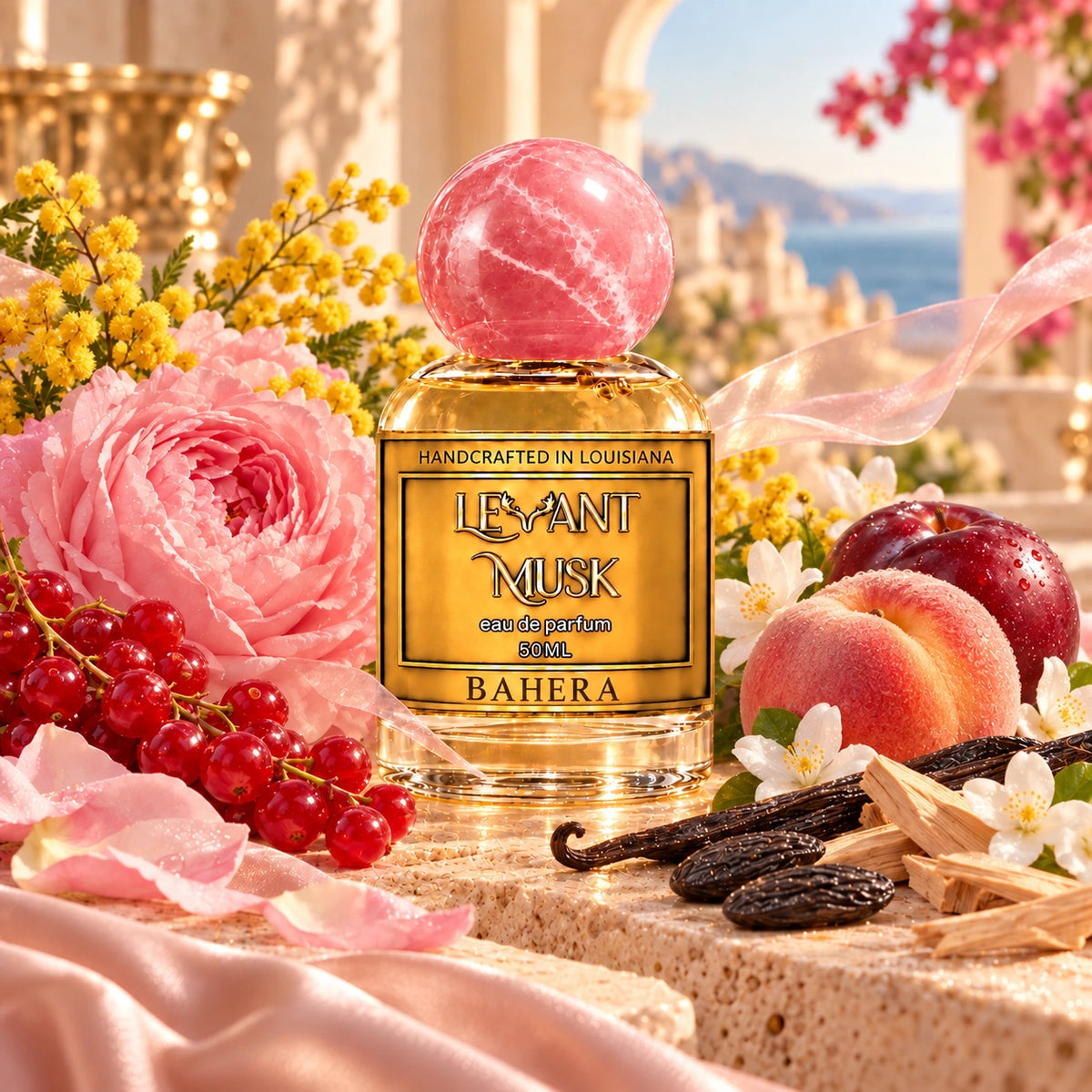 BAHERA 50 mL Levant Musk perfume in a sunlit setting with currants, plum, peach, rose, mimosa, white flowers, sandalwood, tonka beans and vanilla.