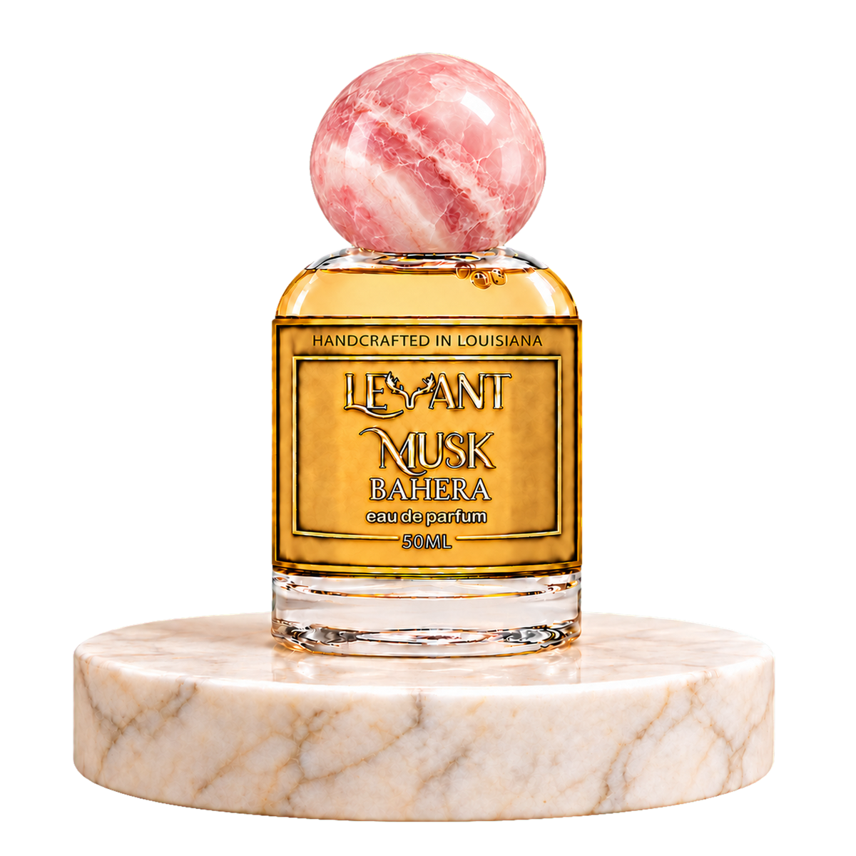 BAHERA 50 mL eau de parfum by Levant Musk with a pink marble cap and Louisiana label, on a round marble pedestal with a transparent background.