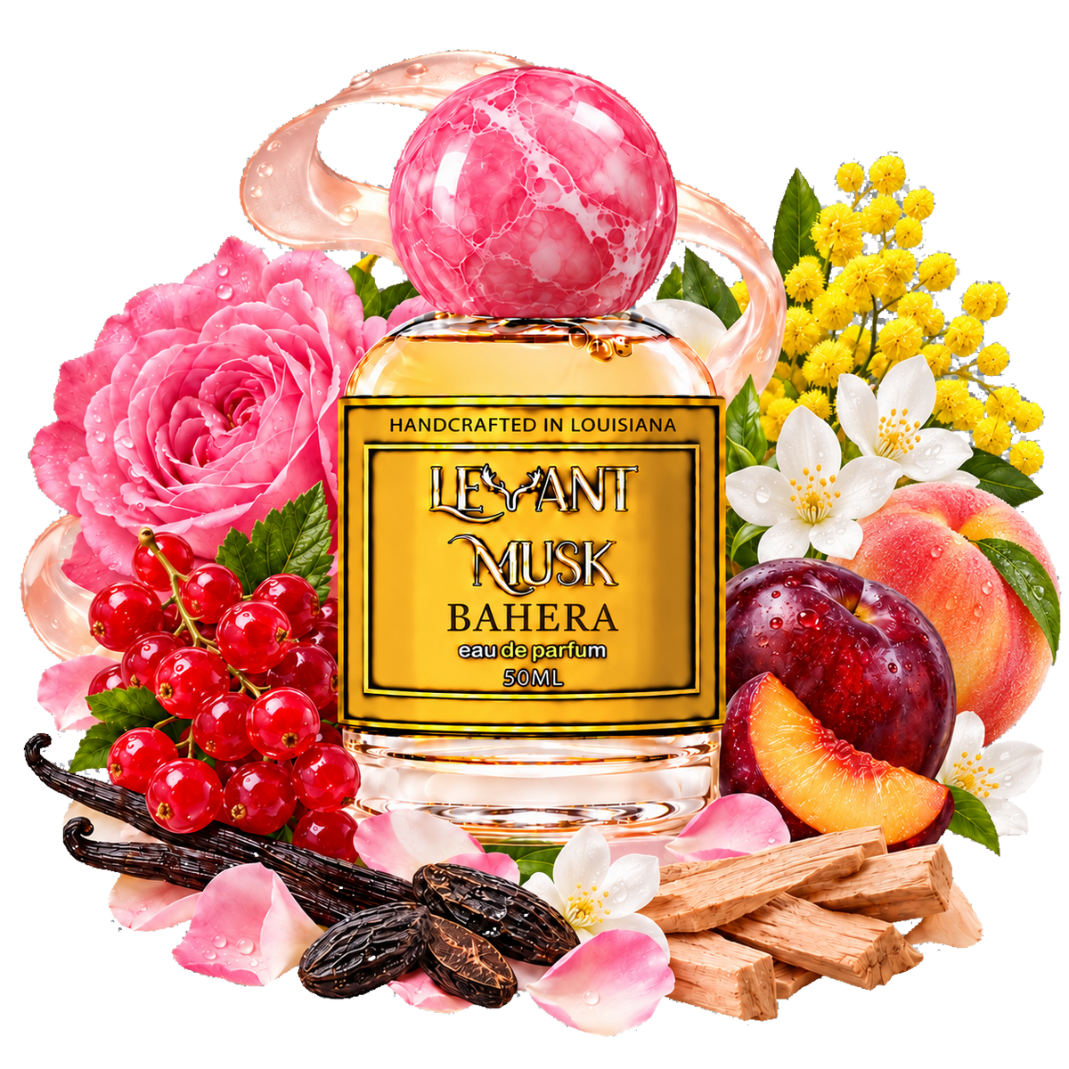 BAHERA 50 mL Levant Musk perfume bottle surrounded by currants, plum, peach, rose, mimosa, white flowers, sandalwood, tonka and vanilla on a transparent background.