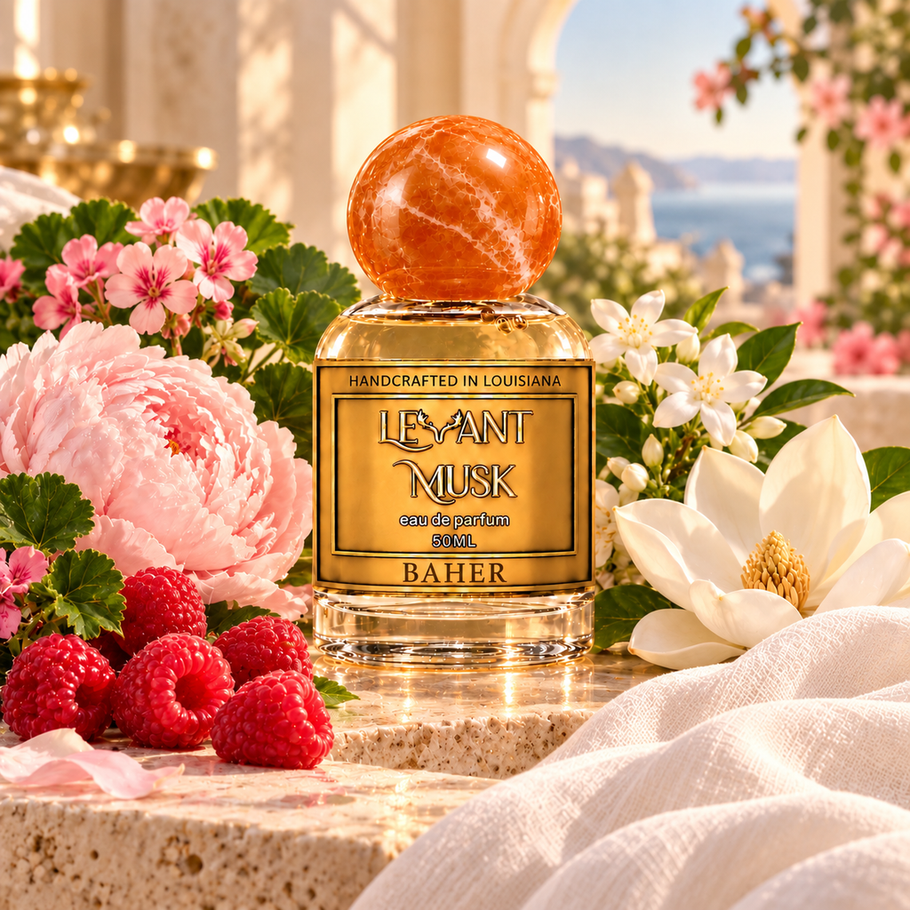 BAHER by Levant Musk on a sunlit terrace with raspberries, peony, jasmine, magnolia, rose geranium and white fabric.