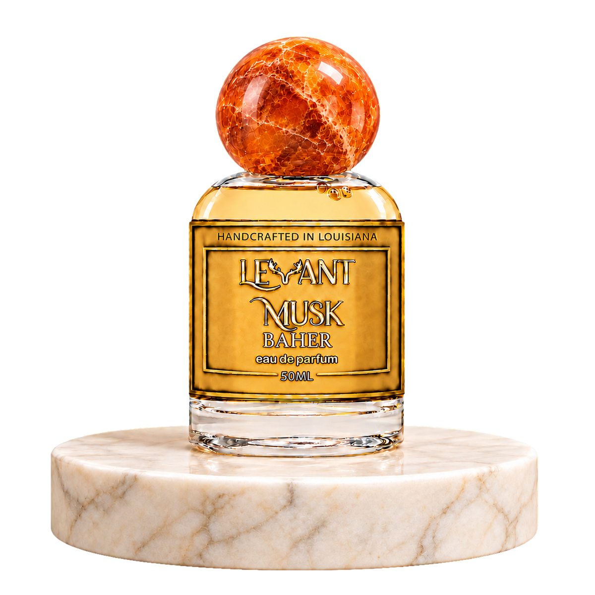 BAHER 50 mL eau de parfum by Levant Musk, with an amber-colored round cap, displayed on a marble pedestal.