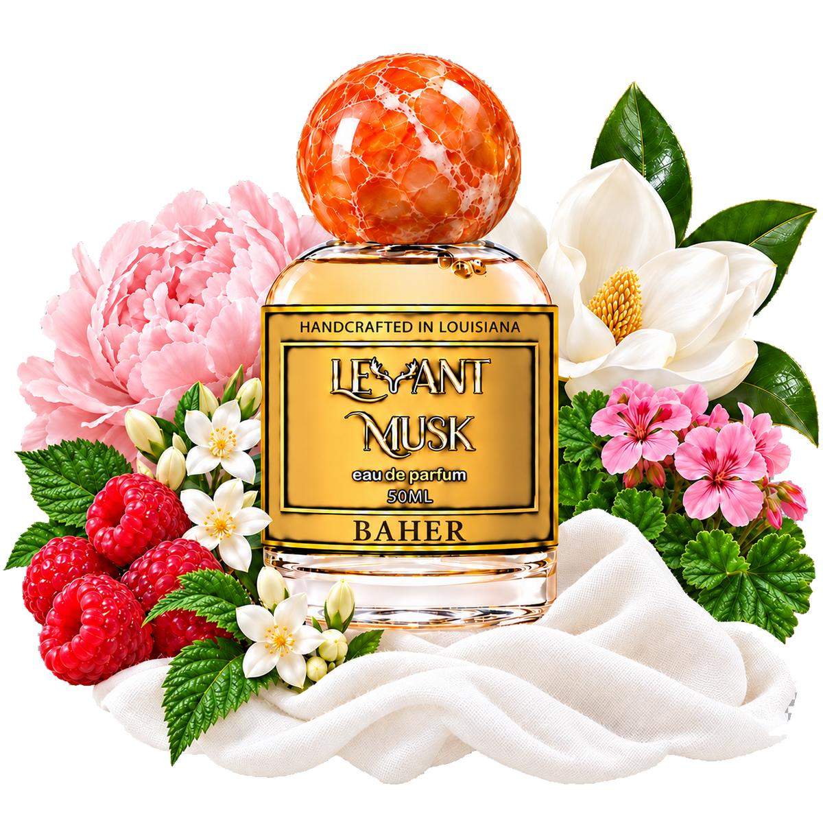 BAHER by Levant Musk with an amber-colored round cap, raspberries, peony, jasmine, magnolia, rose geranium and white fabric on a transparent background.