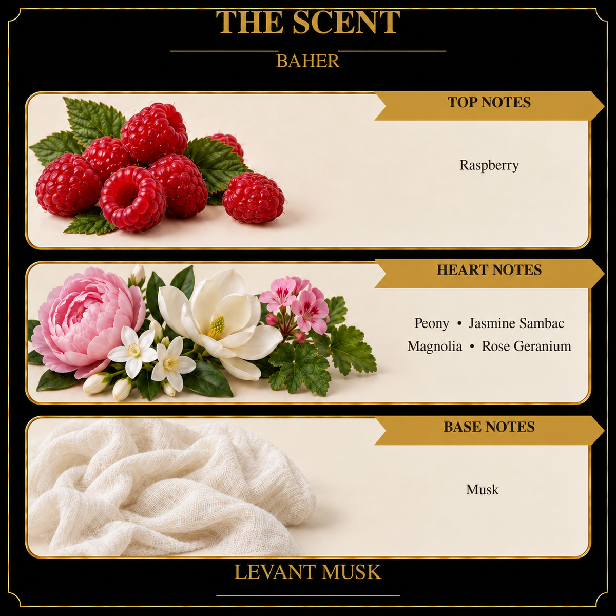 BAHER scent notes: top—raspberry; heart—peony, jasmine sambac, magnolia and rose geranium; base—musk.