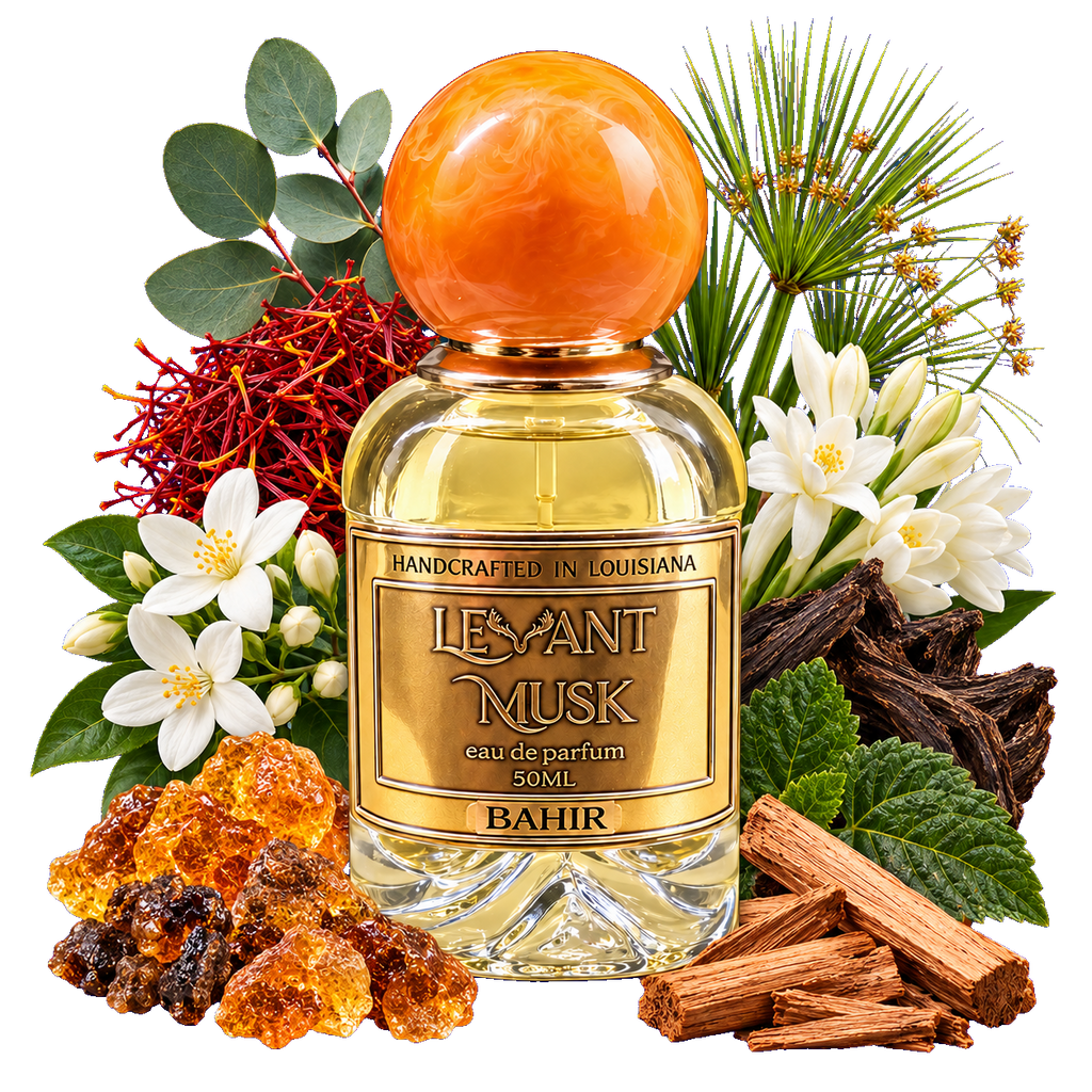 A perfume bottle labeled 'LEVANT MUSK' NAMED Bahir, surrounded by natural ingredients including jasmine flowers, cinnamon sticks, amber crystals, and green leaves on a solid blue background.