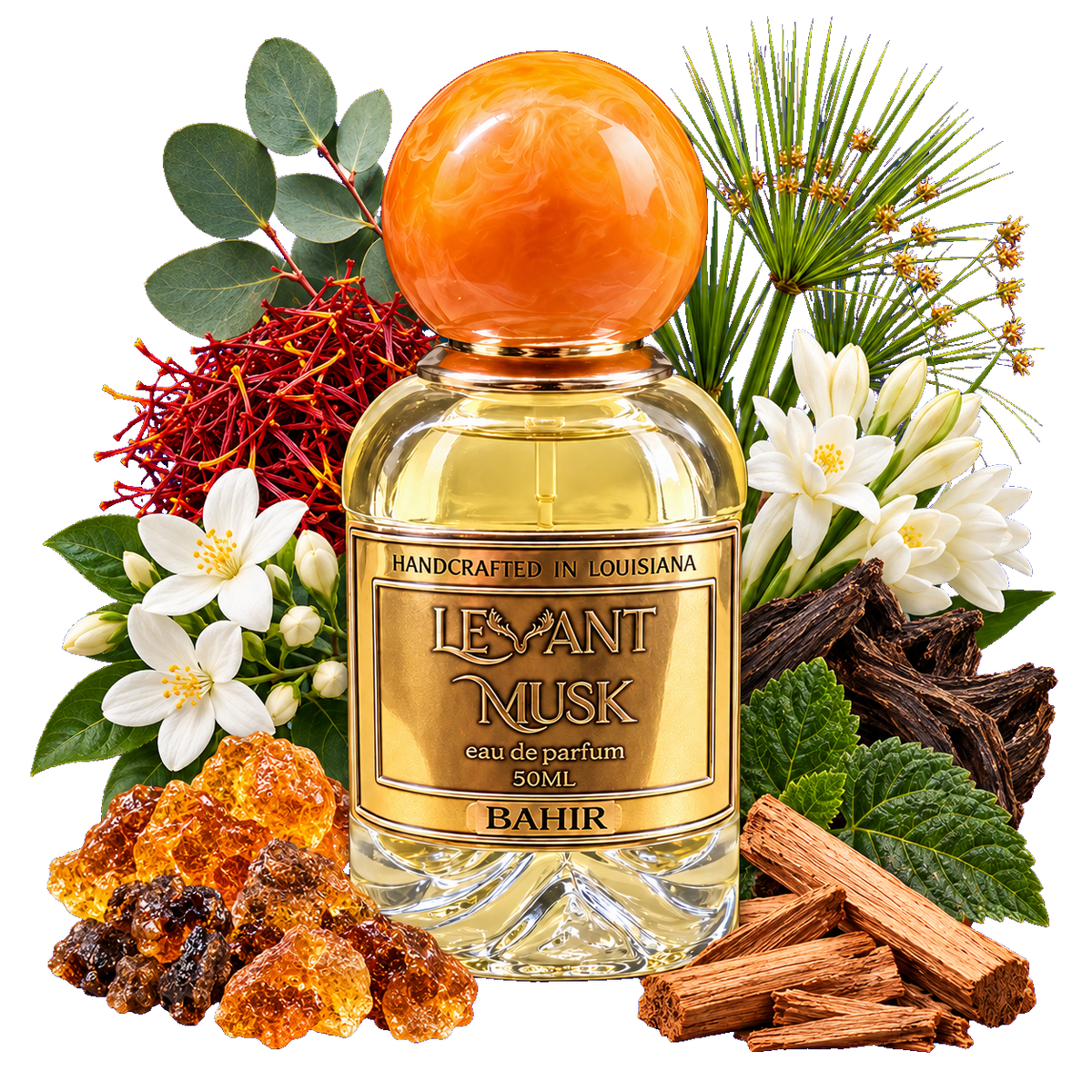 A perfume bottle labeled 'LEVANT MUSK' NAMED Bahir, surrounded by natural ingredients including jasmine flowers, cinnamon sticks, amber crystals, and green leaves on a solid blue background.