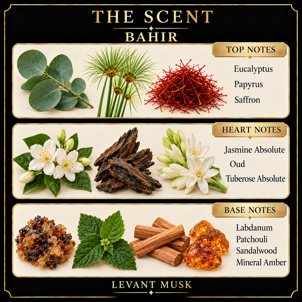 A branded fragrance notes graphic for The Scent Bahir BY Levant Musk, showing botanical and spice illustrations grouped by top, heart, and base notes on cream panels with a black border.