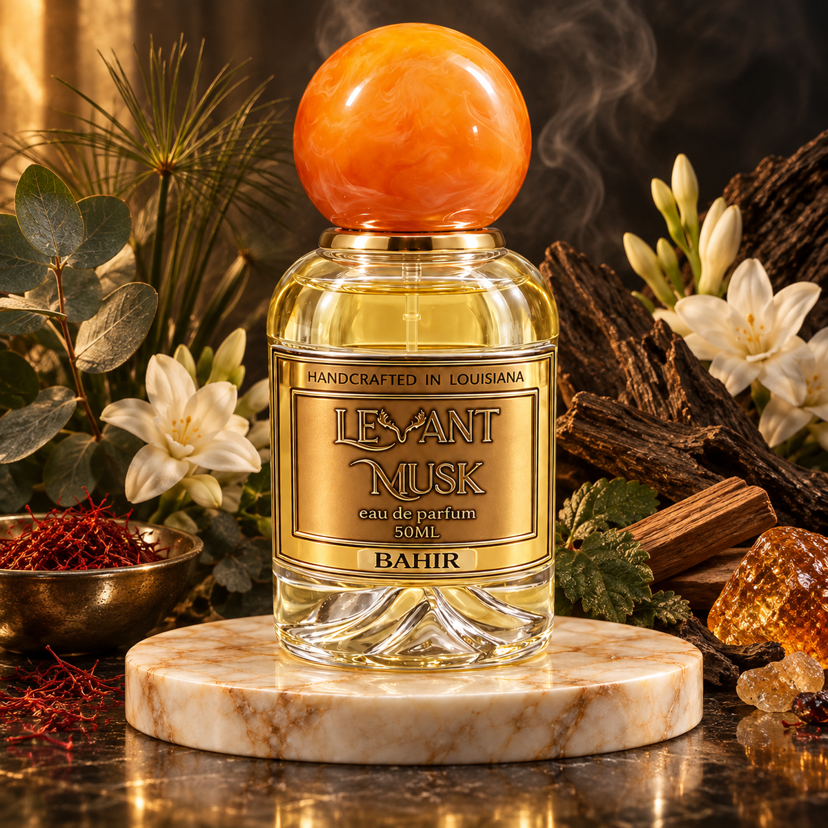 A 50ml bottle of Bahir Levant Musk Eau de Parfum, featuring a clear glass body with golden-yellow liquid, a gold label, and a large orange marbled spherical cap. The bottle is displayed on a white marble coaster, surrounded by decorative elements including white flowers, green leaves, a brass bowl with red spice, and amber wood on a dark reflective surface.
