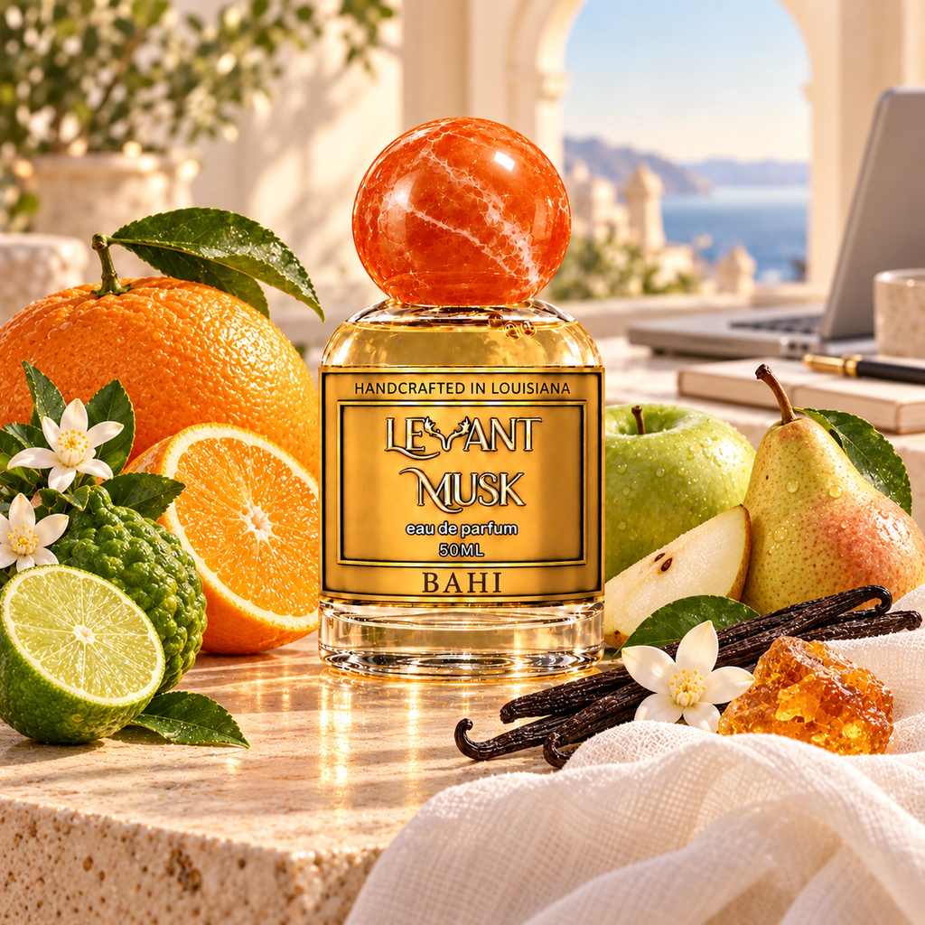 BAHI 50 mL eau de parfum with citrus, apple, pear, vanilla and amber in a sunlit Mediterranean-style setting.