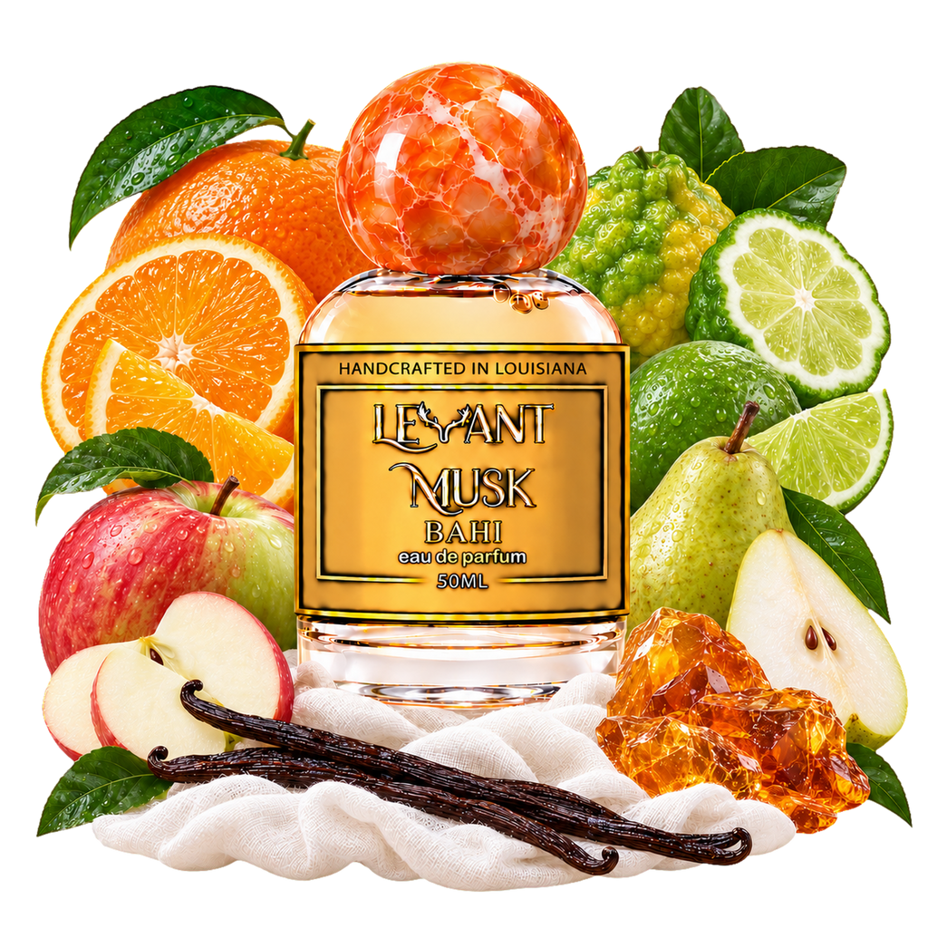 BAHI eau de parfum surrounded by orange, bergamot, lime, apple, pear, vanilla and amber, on a transparent background.