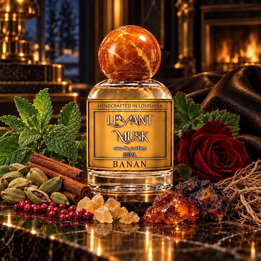 BANAN 50 mL eau de parfum by Levant Musk with an amber marble cap, surrounded by mint, spices, rose, resins and leather in a warmly lit setting.