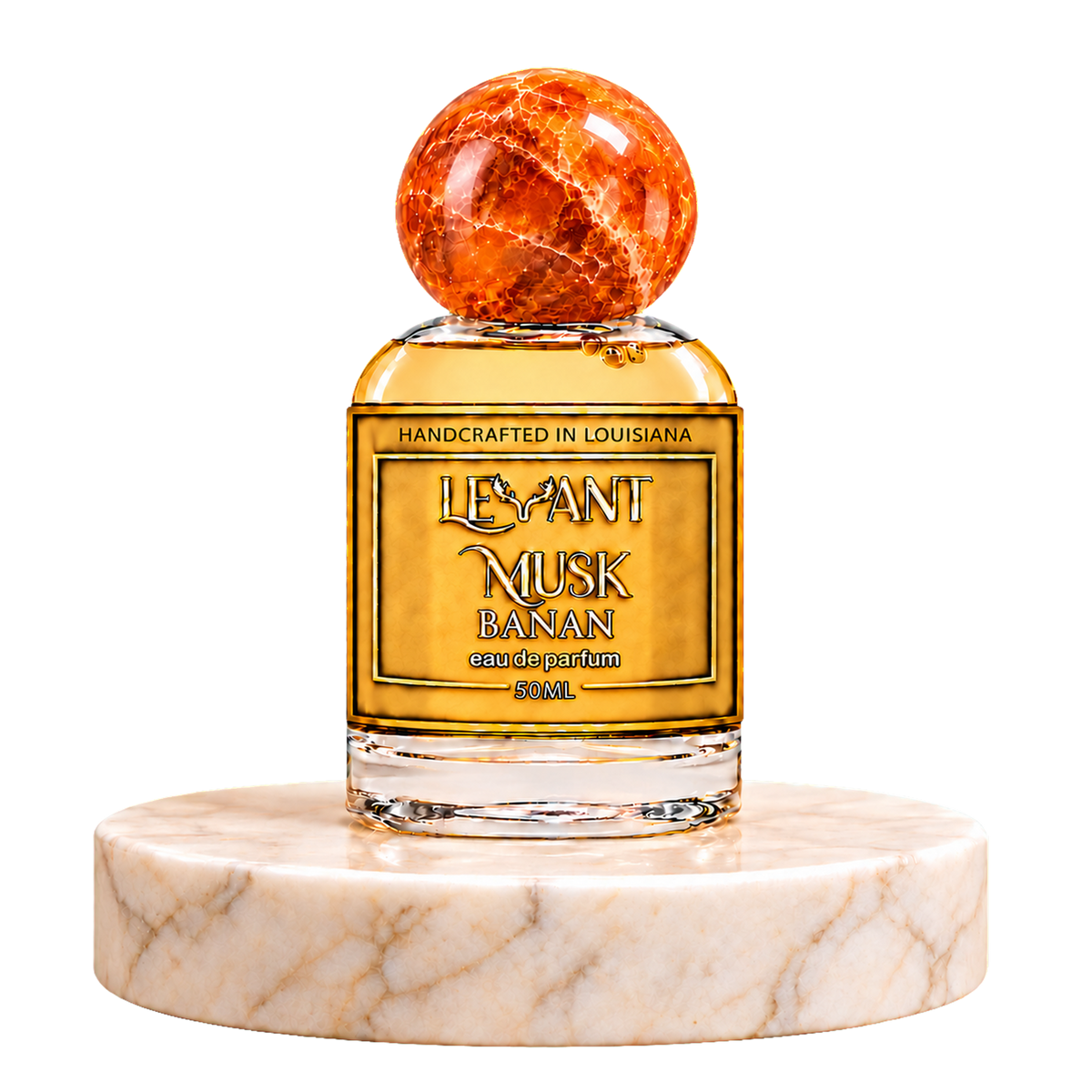 BANAN 50 mL eau de parfum by Levant Musk, with an amber marble cap and Louisiana label, on a round marble pedestal with a transparent background.