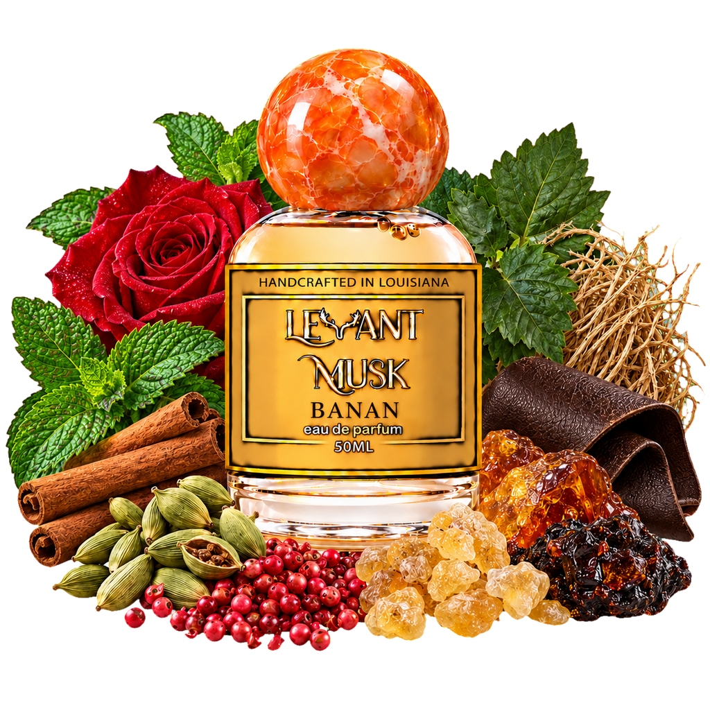 BANAN 50 mL Levant Musk perfume bottle with mint, cardamom, cinnamon, pink pepper, rose, patchouli, vetiver, resins and leather on a transparent background.