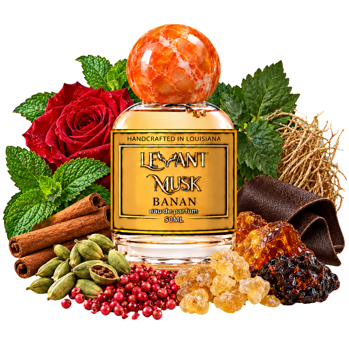 BANAN 50 mL Levant Musk perfume bottle with mint, cardamom, cinnamon, pink pepper, rose, patchouli, vetiver, resins and leather on a transparent background.