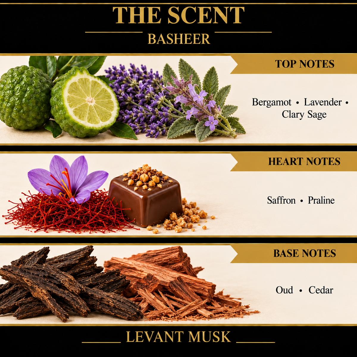 BASHEER by Levant Musk note card. Top: Bergamot; Lavender; Clary Sage. Heart: Saffron; Praline. Base: Oud; Cedar.