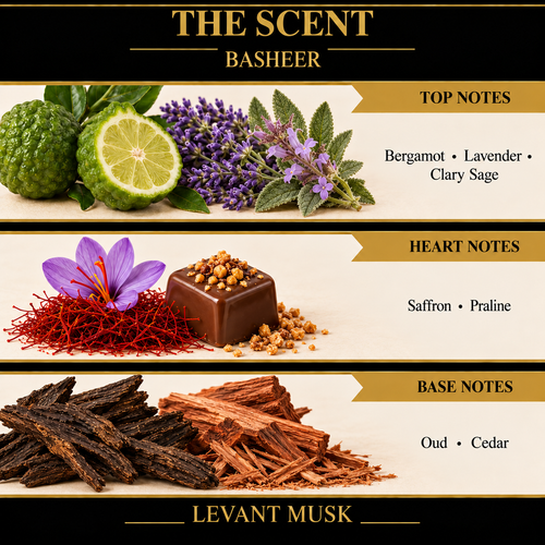 BASHEER by Levant Musk note card. Top: Bergamot; Lavender; Clary Sage. Heart: Saffron; Praline. Base: Oud; Cedar.