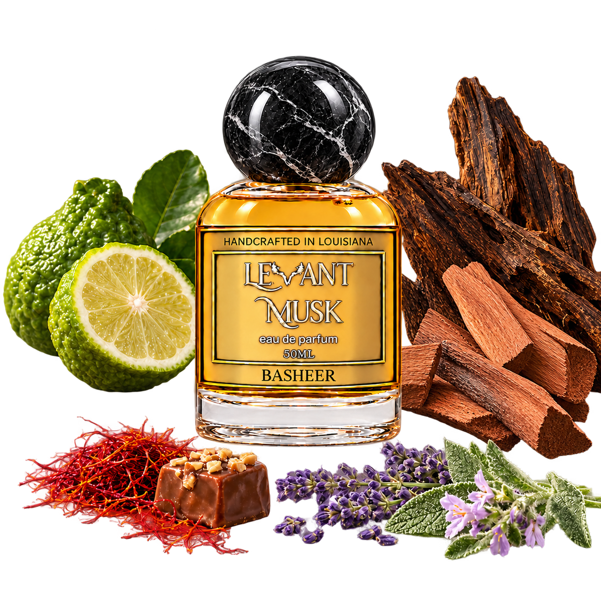 BASHEER by Levant Musk perfume bottle with ingredient props on a transparent background.