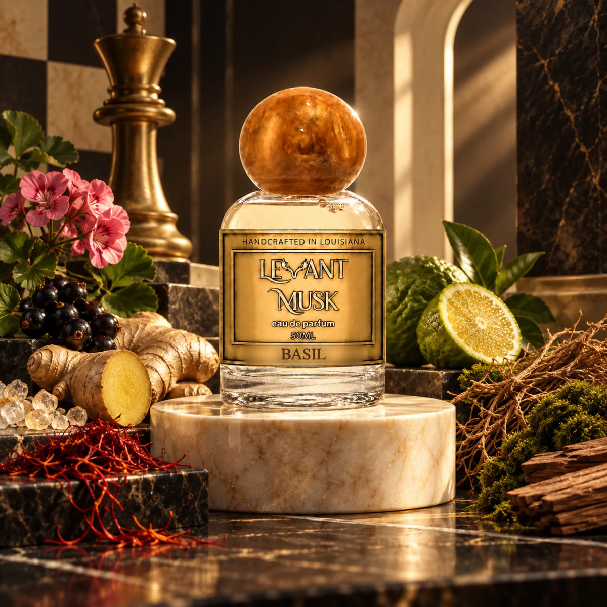 A bottle of Levant Musk fragrance labeled 'BASIL' sits on a round marble pedestal in a richly styled setting. The bottle is clear glass with a round metallic gold cap and a gold label.