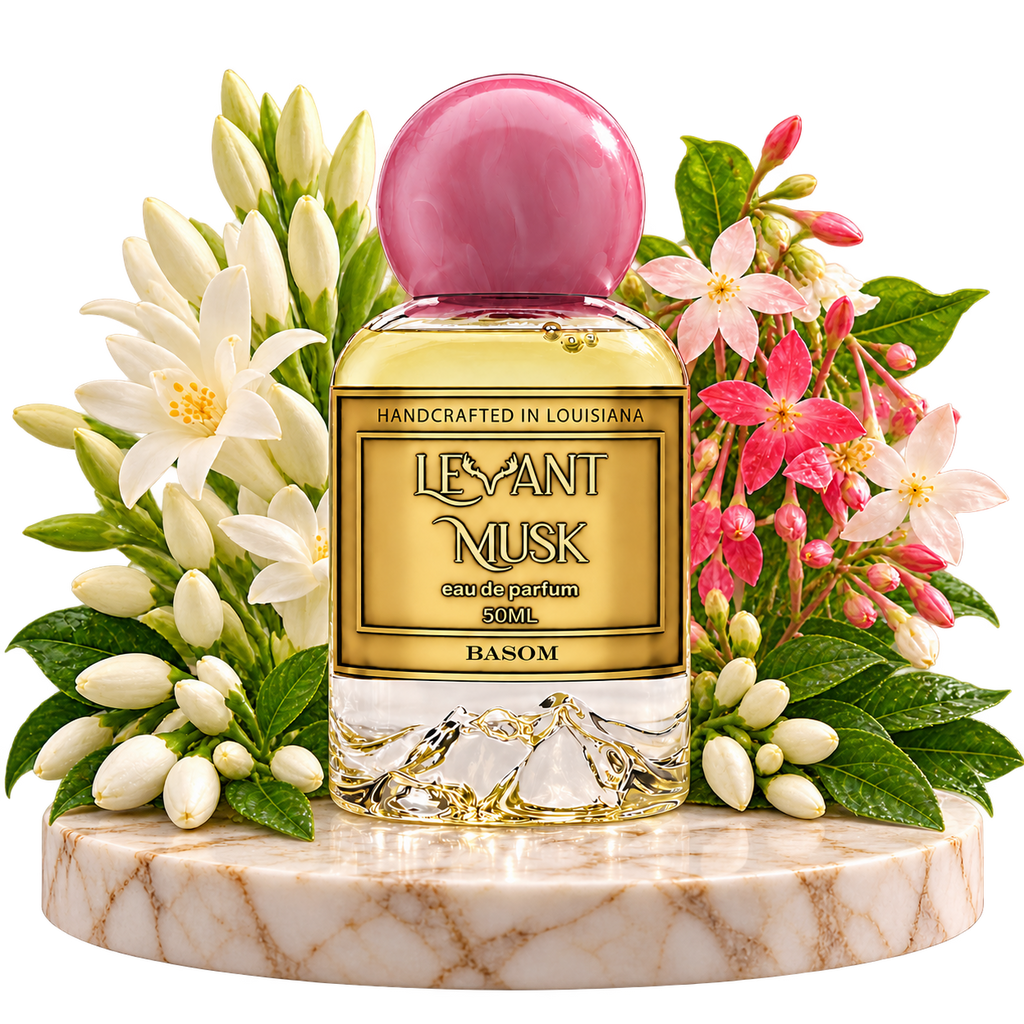 BASOM by Levant Musk, bottle and notes, transparent background. Jasmine bud; Tuberose; Rangoon creeper