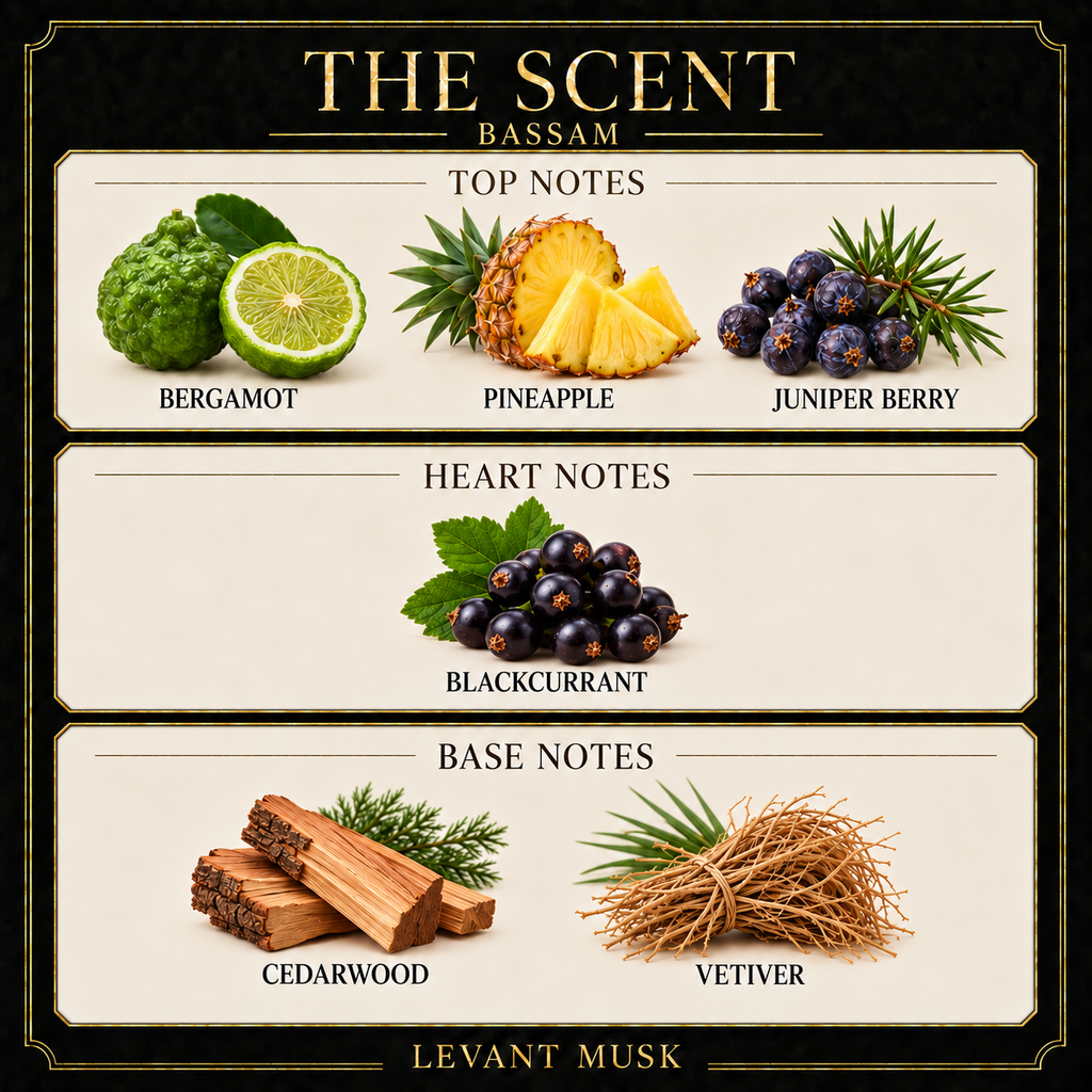 BASSAM by Levant Musk note card. Top: bergamot, pineapple, juniper berry. Heart: blackcurrant. Base: cedarwood, vetiver.