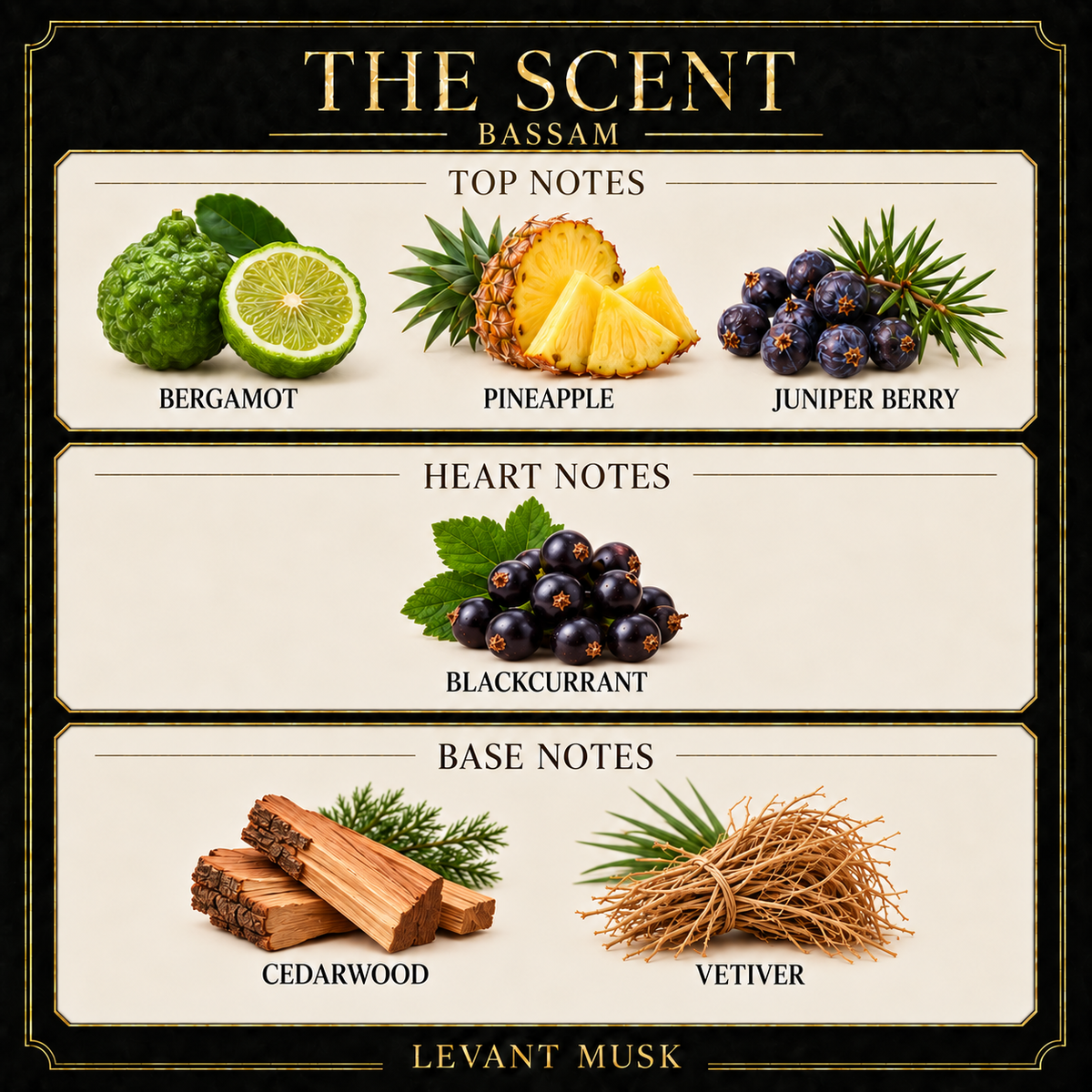 BASSAM by Levant Musk note card. Top: bergamot, pineapple, juniper berry. Heart: blackcurrant. Base: cedarwood, vetiver.