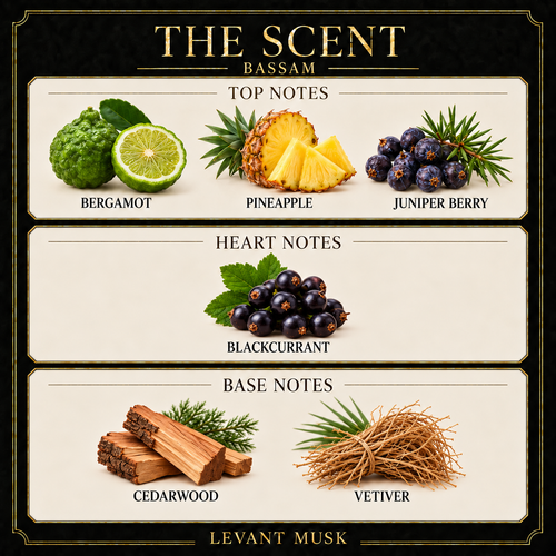 BASSAM by Levant Musk note card. Top: bergamot, pineapple, juniper berry. Heart: blackcurrant. Base: cedarwood, vetiver.