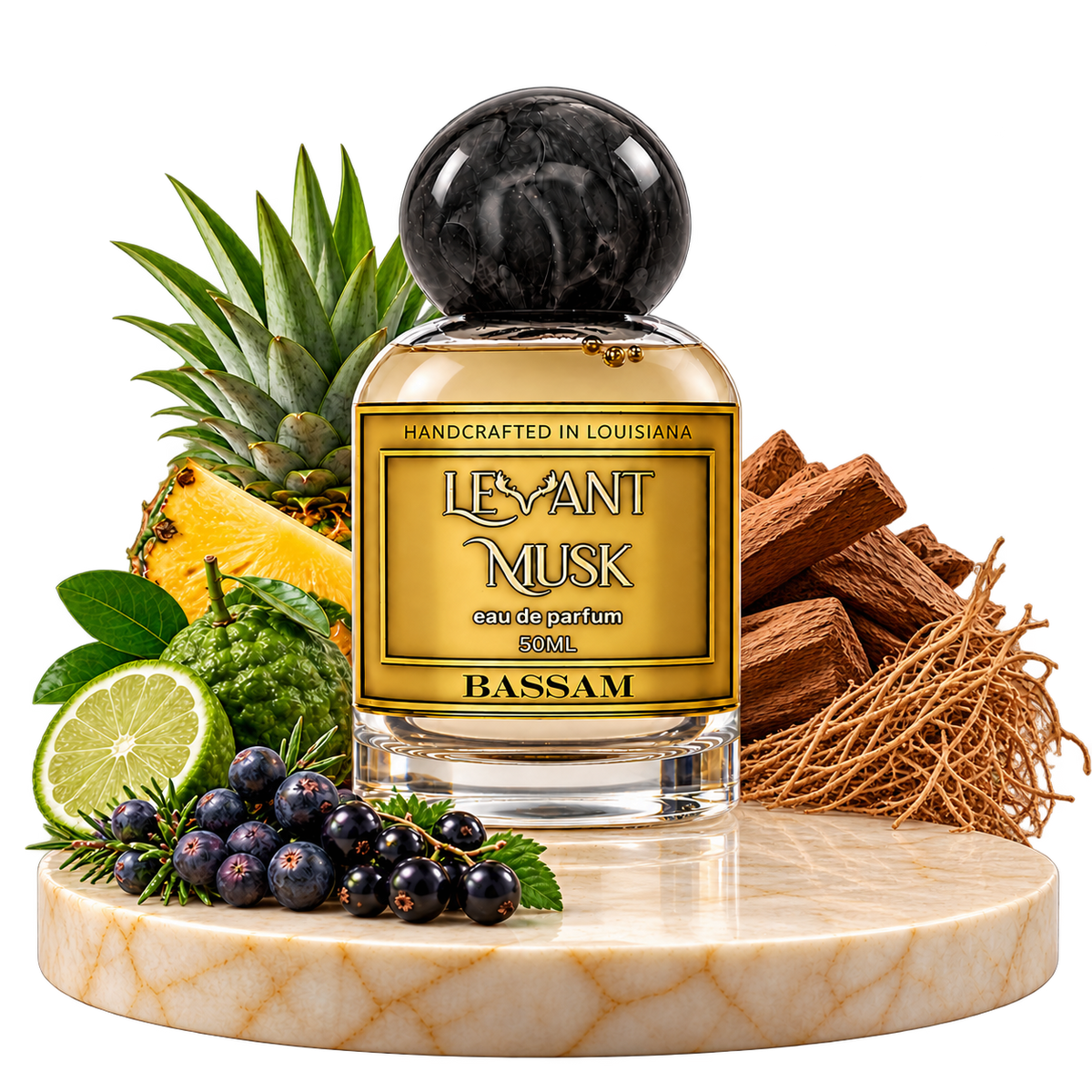 BASSAM by Levant Musk bottle on marble with bergamot, pineapple, juniper berries, blackcurrants, cedarwood and vetiver. Transparent background.