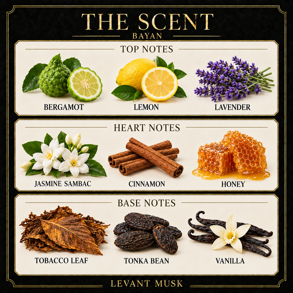 BAYAN by Levant Musk — black gold cream note card