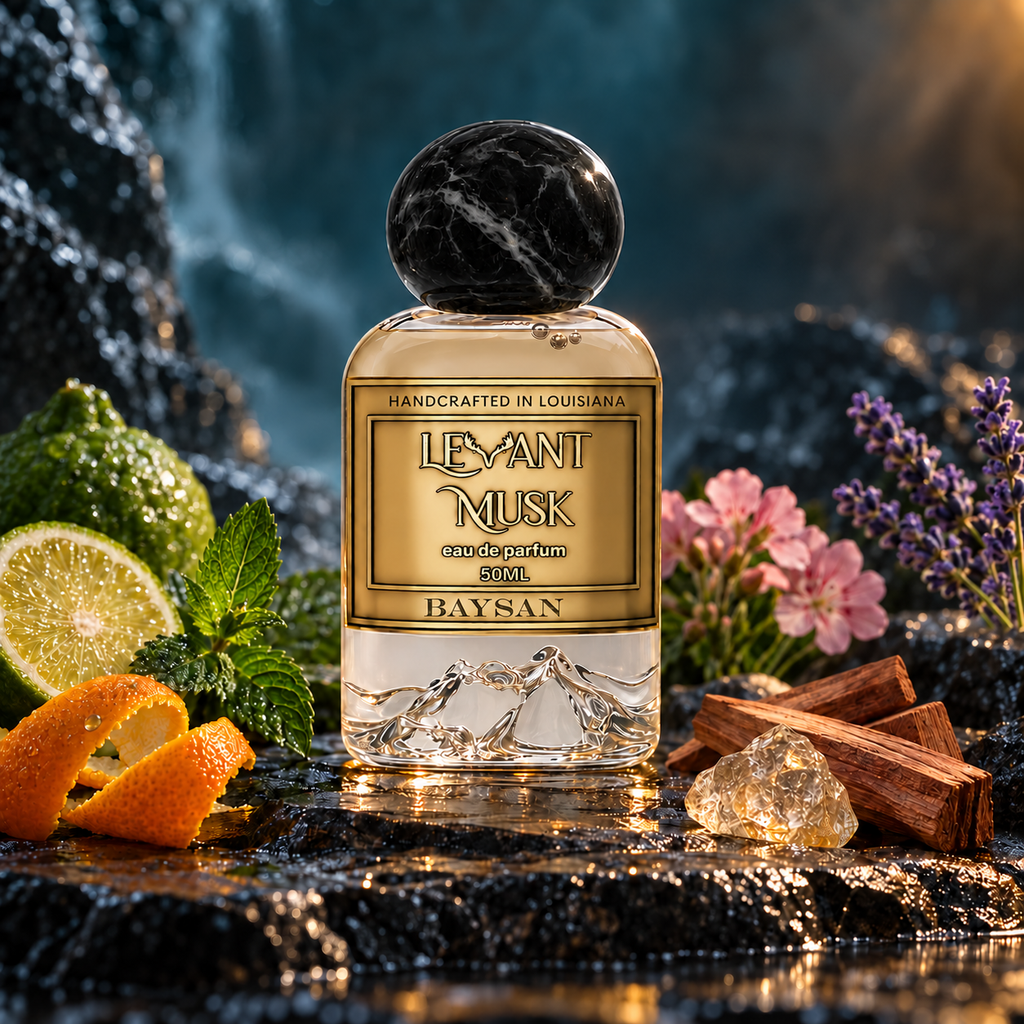 BAYSAN by Levant Musk perfume bottle in its original setting with scent illustrations.