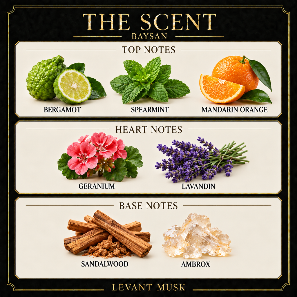 BAYSAN scent notes. Top: Bergamot; spearmint; mandarin orange. Heart: Geranium; lavandin. Base: Sandalwood; ambrox.