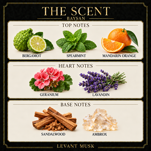 BAYSAN scent notes. Top: Bergamot; spearmint; mandarin orange. Heart: Geranium; lavandin. Base: Sandalwood; ambrox.