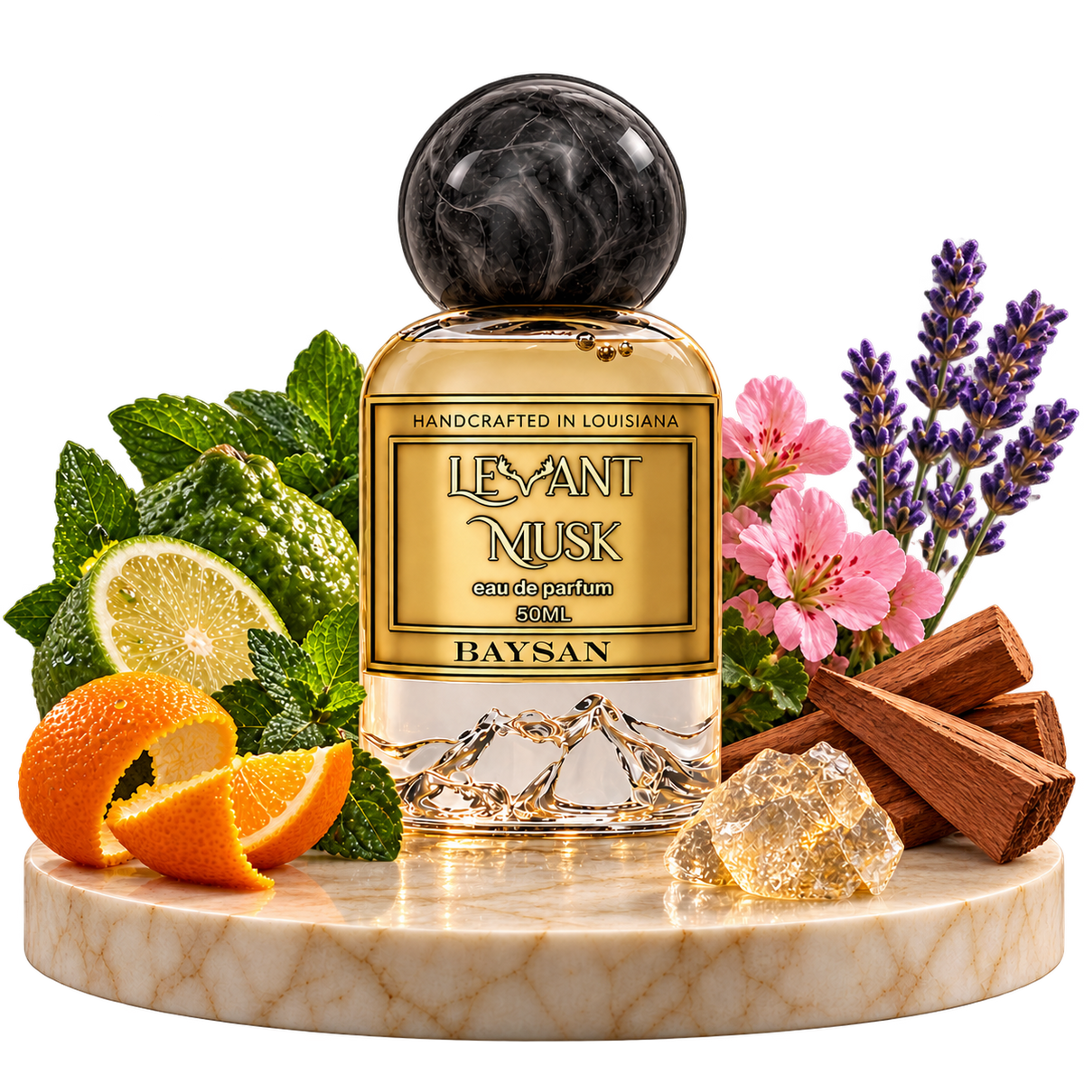 BAYSAN by Levant Musk, bottle with Bergamot, spearmint, mandarin orange, Geranium, lavandin, Sandalwood, ambrox scent illustrations on a transparent background.