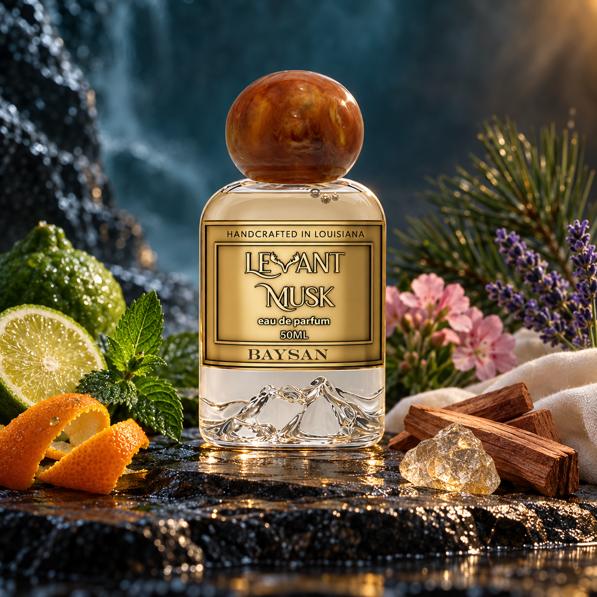 Levant Musk Baysan perfume bottle styled with notes of bergamot, geranium, and sandalwood.
