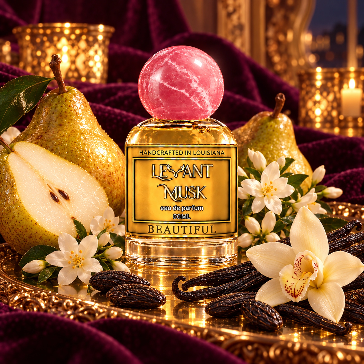 BEAUTIFUL 50 mL eau de parfum with pear, jasmine, tonka beans and vanilla in a warm candlelit setting.