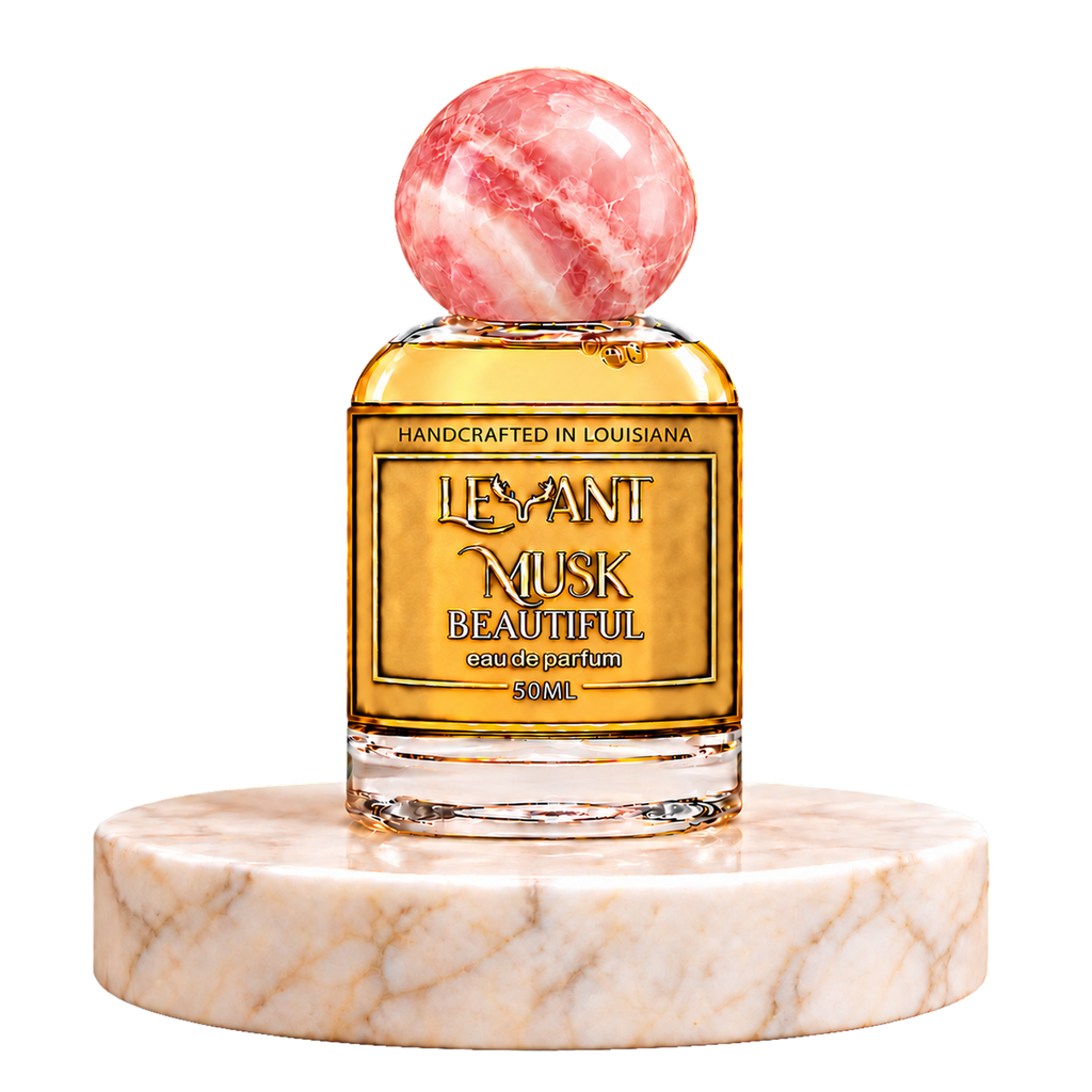 BEAUTIFUL by Levant Musk, 50 mL eau de parfum bottle on a marble pedestal with a transparent background.