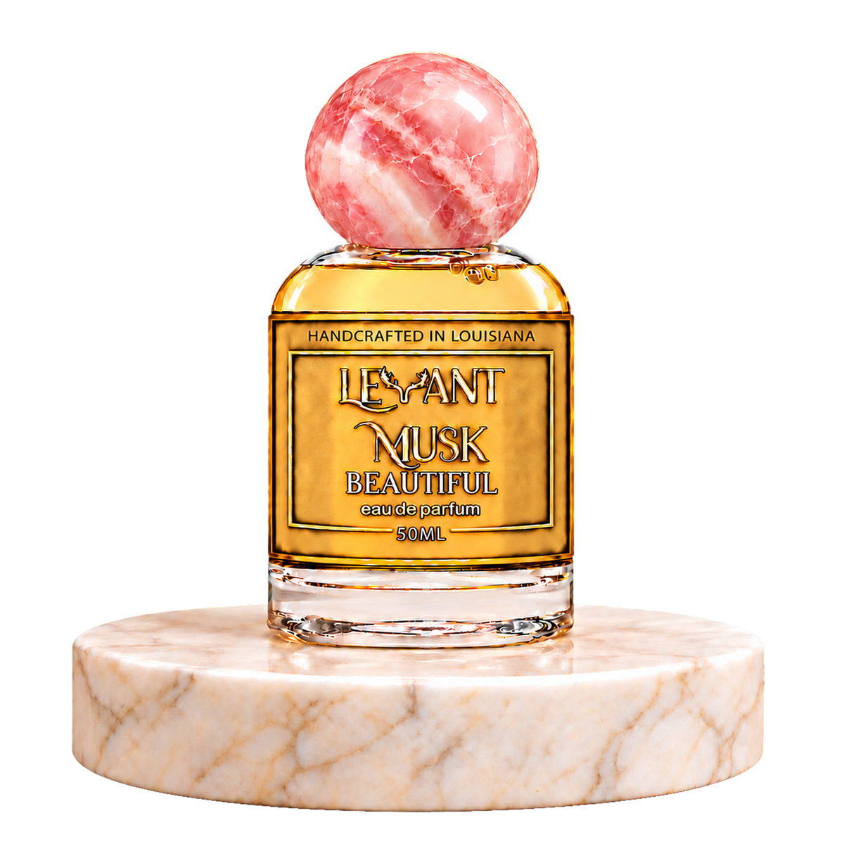 BEAUTIFUL by Levant Musk, 50 mL eau de parfum bottle on a marble pedestal with a transparent background.