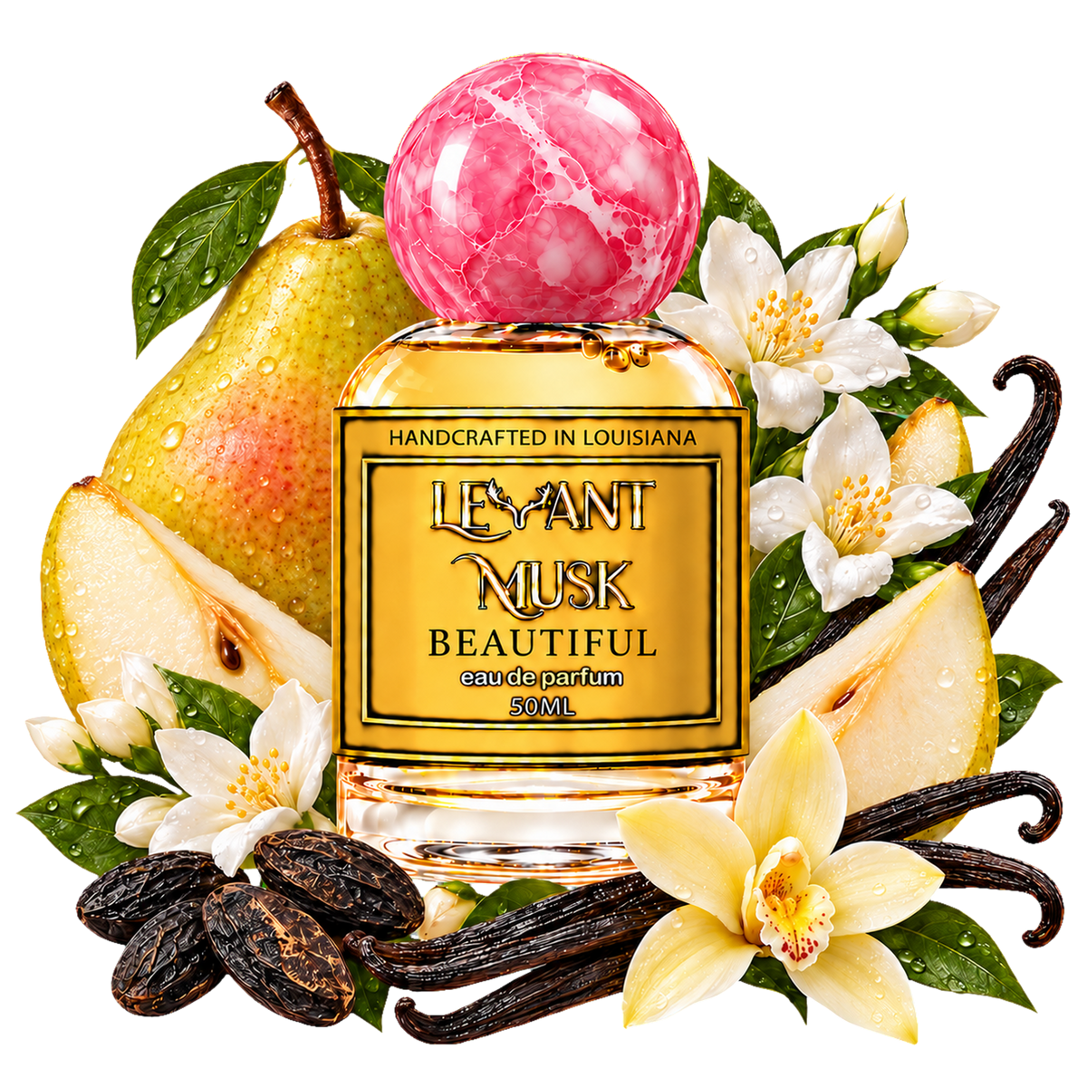 BEAUTIFUL 50 mL eau de parfum surrounded by pear, jasmine, tonka beans and vanilla, on a transparent background.