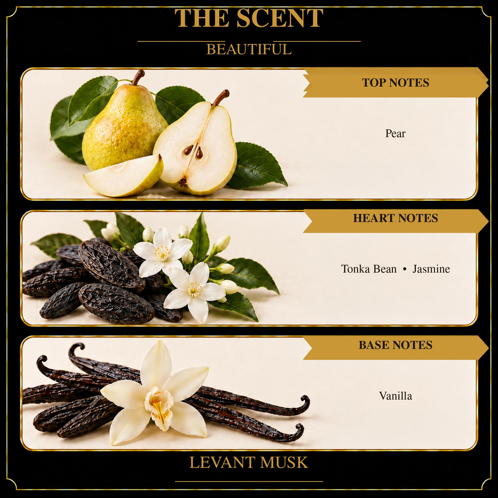 BEAUTIFUL scent notes: pear at the top, tonka bean and jasmine in the heart, and vanilla at the base.