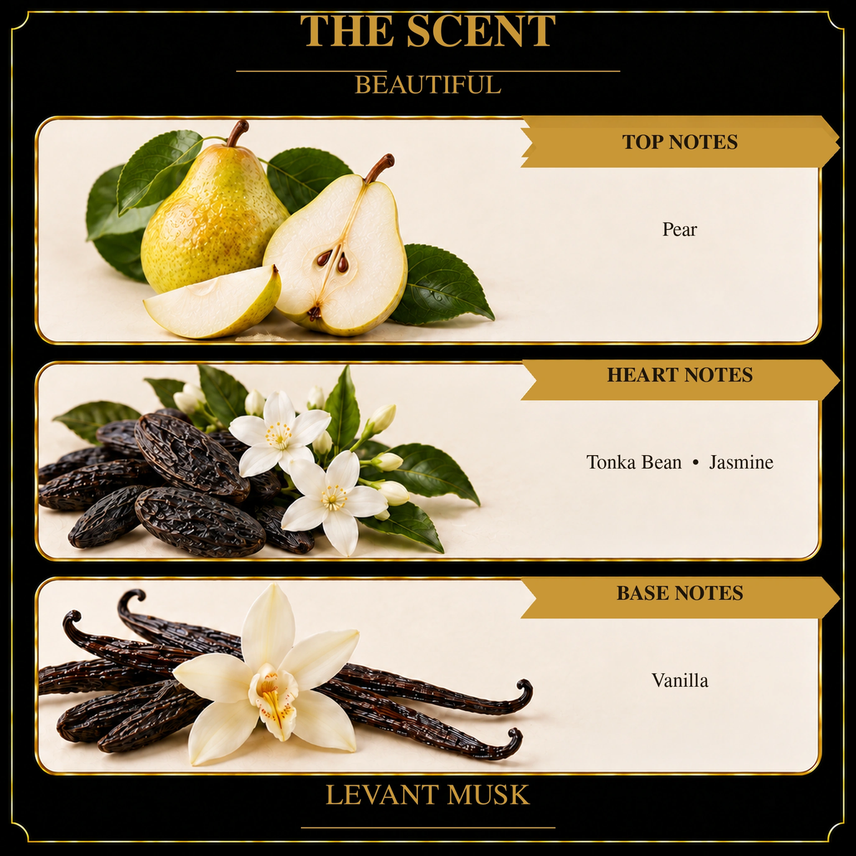BEAUTIFUL scent notes: pear at the top, tonka bean and jasmine in the heart, and vanilla at the base.