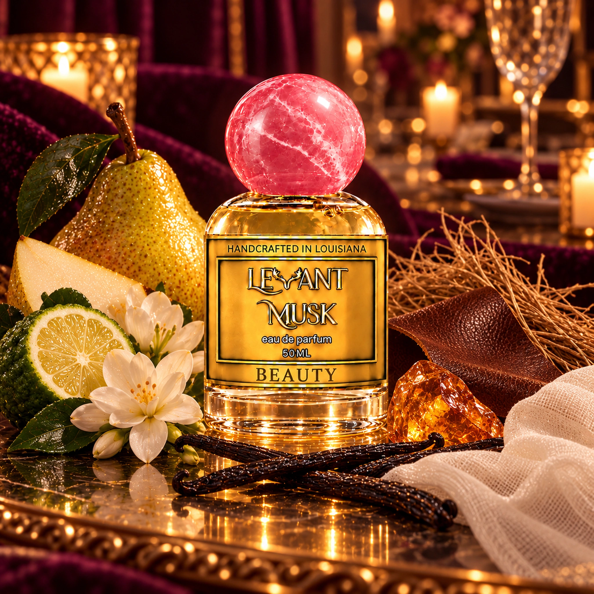 BEAUTY 50 mL eau de parfum with pear, bergamot, flowers, leather, vanilla, vetiver and amber in a warm candlelit setting.