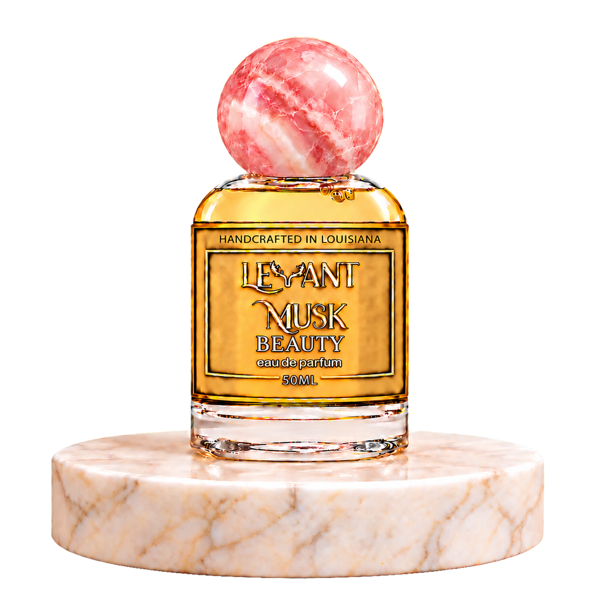 BEAUTY by Levant Musk, 50 mL eau de parfum bottle on a marble pedestal with a transparent background.