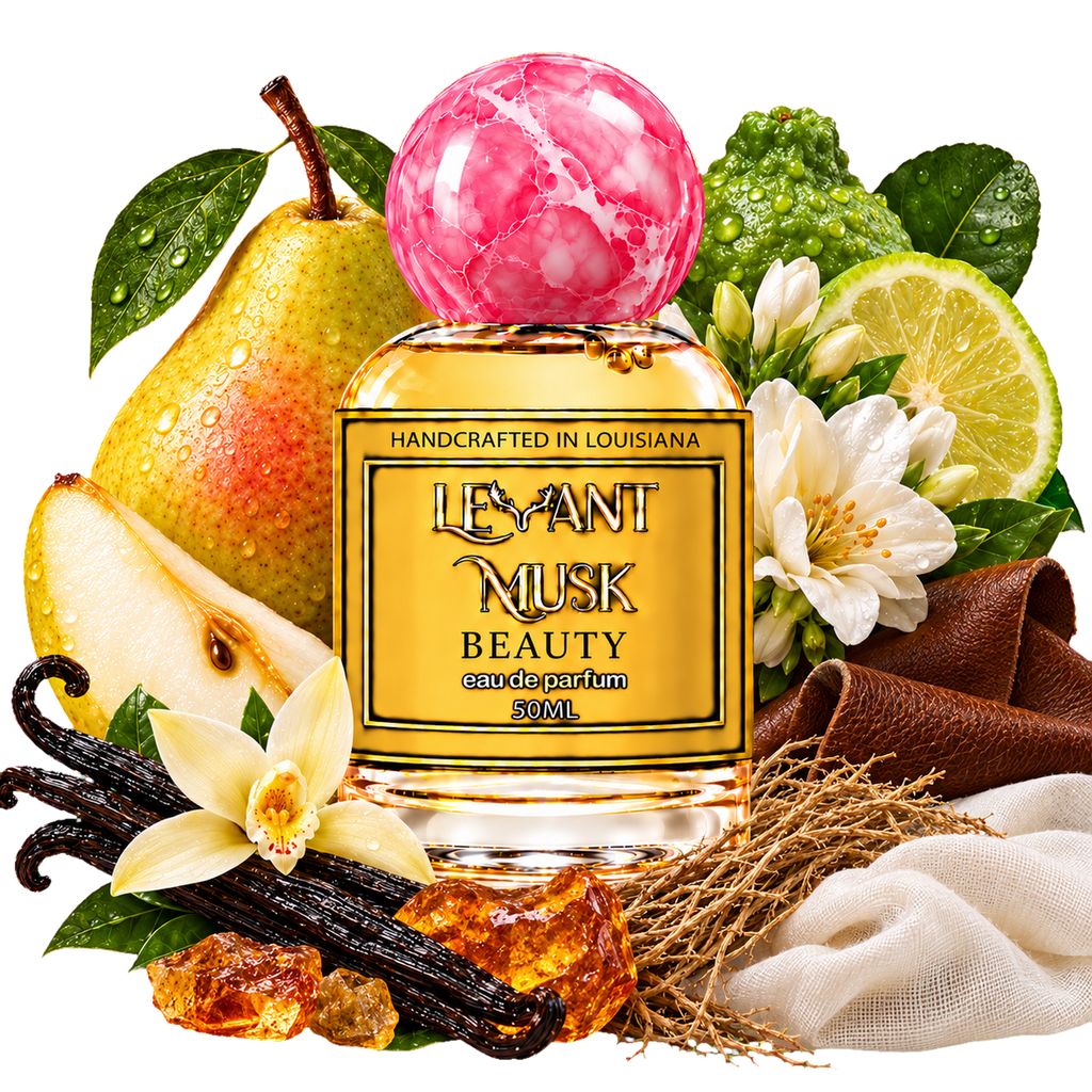 BEAUTY 50 mL eau de parfum with pear, bergamot, flowers, leather, vanilla, vetiver, amber and musk illustrations on a transparent background.