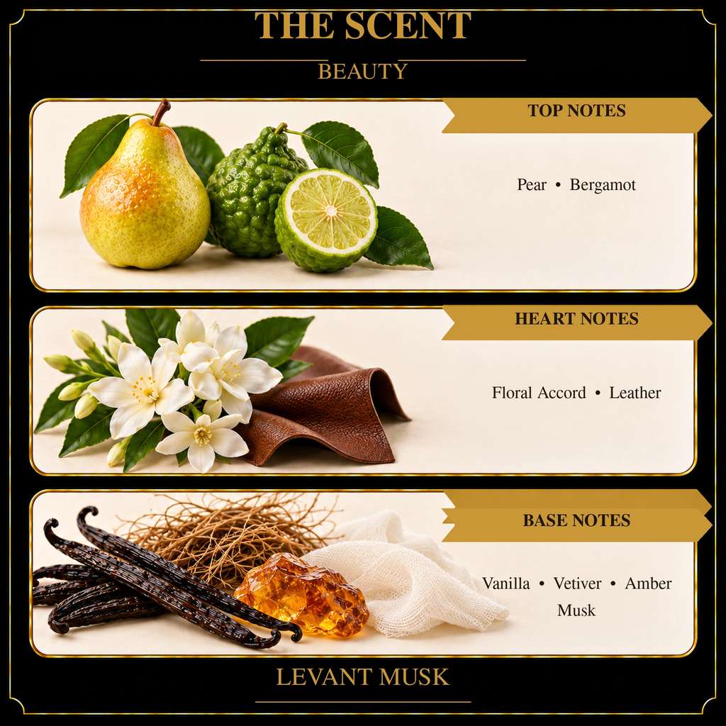 BEAUTY scent notes: pear and bergamot; floral accord and leather; vanilla, vetiver, amber and musk.